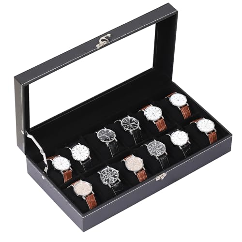 AUTOARK Leather & Velvet 12 Watch Box Glass Top Jewelry Display Lockable Case Organizer,Removable Watch Pillows,Black,MKAW105 - color: Black + Black, size: 12 Slot