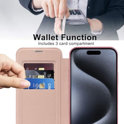 Wallet Case for iPhone 15 Pro with Card Holder, Rose Gold JD | [Compatible with MagSafe] Premium Flip PU Leather Case Card Slots Holder RFID Blocking , Clear Back Shockproof Magnetic Cover - color: Rose Gold, size: iPhone 15 Pro 6.1"