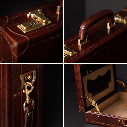 Time Resistance Leather Attache Case - Full Grain Italian Leather Briefcase - Laptop Bag up to 15” - Hard Case with Lock