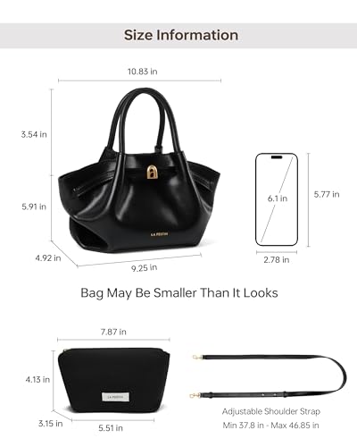 LA FESTIN Handbags for Women Genuine Leather Small Top Handle Tote Travel | Split Leather, Top Handle, Adjustable Strap, Attached Cosmetic Pouch, Magnetic Snap, Easy to Carry, Daily Use - color: Black