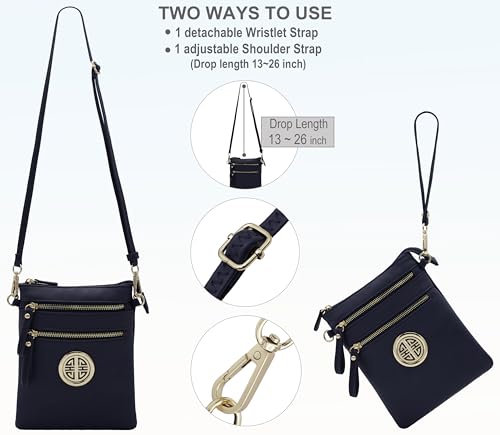 Small Multi Zipper Pockets Crossbody Bag with Detachable Wristlet - color: Navy