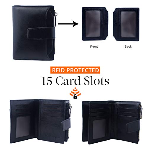 Bveyzi Small Leather Wallet for Women, RFID Bifold with ID Window | Holds 11 cards, a pull-out ID sleeve, zippered coin pocket & bill slot — fits crossbody bags and keeps everything organized - color: Black