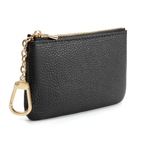 Full Grain Leather Coin Purse with Key Chain - Small Change Purse Keychain Card Holder Keychain Pouch Small Keychain Wallet for Women and Men (Black - Large Size) - color: Black, Large Size