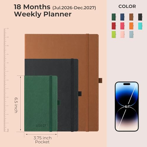 Weekly Monthly 2026-2027 Planner (July 26-Dec 27),6.5"x3.75" | 18 Months Agenda Plan with Month Tabs & Pocket,Expenses/Note Pages, Academic Calendar with Vegan Leather Cover,Black - color: Black, size: Pocket-6.5" x 3.75"