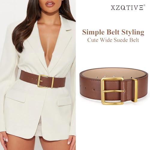 XZQTIVE Women Wide Chunky Belt for Dresses Fashion Thick Suede Belt with Gold Buckle - color: Brown(faux Leather), size: Fit Waist Size 23"-27"