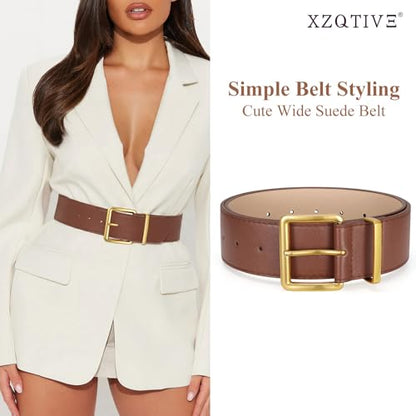 XZQTIVE Women Wide Chunky Belt for Dresses Fashion Thick Suede Belt with Gold Buckle - color: Brown(faux Leather), size: Fit Waist Size 23"-27"