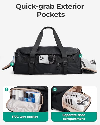 BAGSMART 4-IN-1 Duffle Bag for Travel, 40L Gym Bag Workout with Wet Pocket | TSA Carry on Backpack with Shoes Compartment, Duffle & Backpack for Gym Travel Weekender Hiking, Water-resistant - color: Gray
