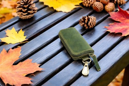 Green Leather Key Holder & Coin Purse | Full grain leather, zippered coin pouch, belt-loop keychain, earphone storage, key organizer for men & women - color: Green