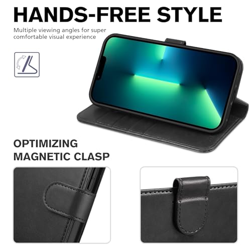 TUCCH Wallet Case for iPhone 13 Pro Max (6.7") 2021, 4 Card Holders, Black | RFID Blocking, Viewing Stand, Shockproof TPU Shell, PU Leather, Magnetic Closure, Protective Folio Flip Cover - color: Black