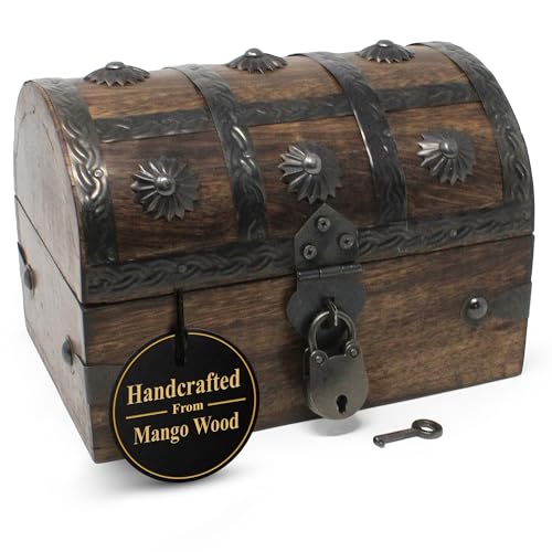 Handmade Pirate Treasure Chest for Kids Prizes & Classroom with Lock and Skeleton Keys – Lockable Wooden Storage Chest Box, Pirate Decor, Decorative Wooden Box - X-Small 6.5x4.5x4.5 | Handmade Wooden Storage Box Kids Treasure Chest For Jewelry, Coins, Tri