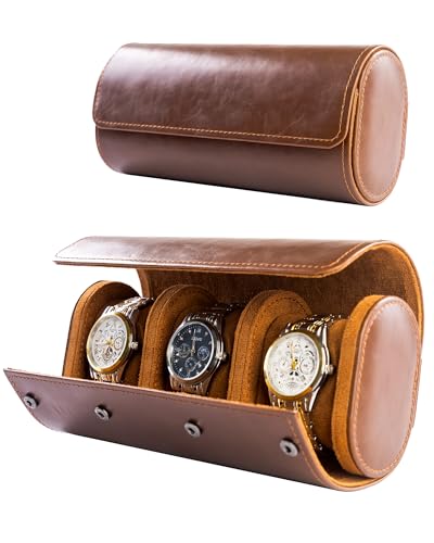 MR.OKAY 3 Watch Travel Case- Classic Leather Watch Case With Superb Texture.Portable Watch Roll Or Organizer For Storage And Display. Best Travel Gift for Men,All Handcrafted By Artisans. - color: Espresso, size: 3 Watch Case