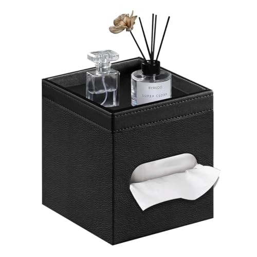 PU Leather Square Tissue Box Cover with Storage Tray - Decorative Organizer for Bathroom Vanity, Night Stands, Office Desk, Bedroom Countertop | Stylish Tissue Holder for Home & Office Décor | PU Leather Side Open Napkin Caddy,Facial Paper Dispenser for B