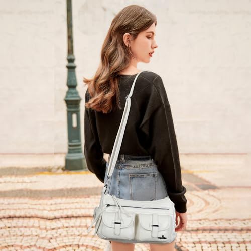 Angel Kiss Hobo Purses for Women Crossbody Shoulder Bag Ladies Multi Pocket Handbags with Adjustable Shoulder Strap | Soft Vegan Leather - color: White