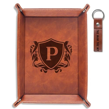 INNObeta Initial Valet Tray, Desktop Storage Organizer, PU Leather Bedside Tray Key Coin Holder, Personalised Gifts for Men, Birthday, Christmas, Letter P - color: Initial P