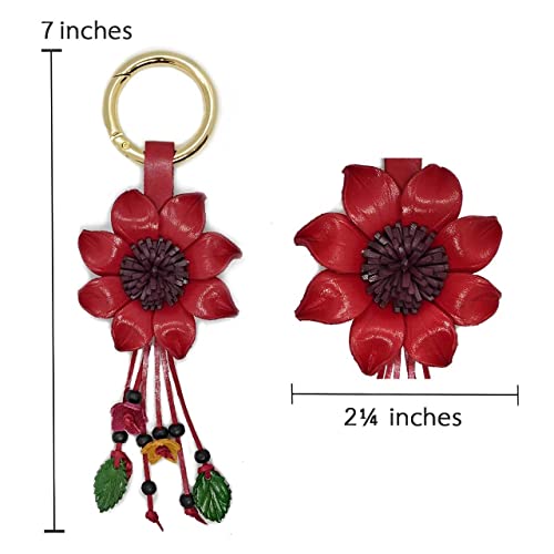 Flower Keyring Keychain Hand Made Leather Key Organizer Handbag Purse Tassels Charms Bag Accessories Handcraft Gifts - color: Sunflower Red