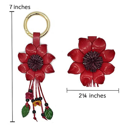 Flower Keyring Keychain Hand Made Leather Key Organizer Handbag Purse Tassels Charms Bag Accessories Handcraft Gifts - color: Sunflower Red