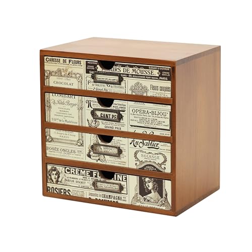4-Drawer Vintage Ephemera Pattern Desktop Organizer - Arts and Craft Newspaper Design Desk Storage Cabinet - Ephemera Wood Shelf Drawers with Label Holders - Scrapbook Collecting - color: Retro Newspaper Print