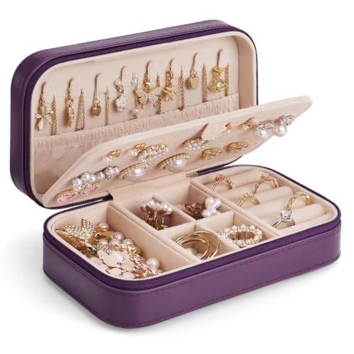 DesignSter Travel Jewelry Box, PU Leather Portable Jewelry Case, Small Jewelry Boxes for Gifts, Travel Jewelry Organizer for Women Rings Earrings Necklaces Bracelets (Dark Purple) - color: Dark Purple