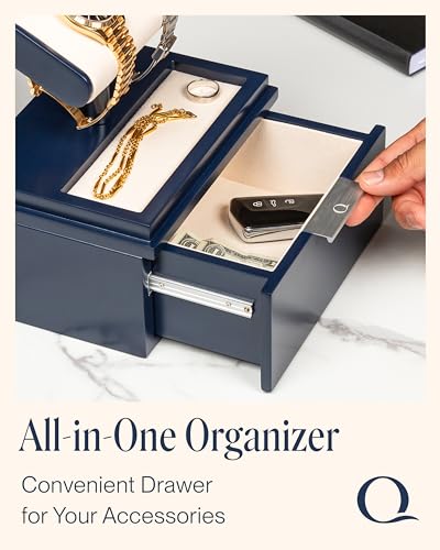QWATCH Watch Stand Display Case - Acrylic Watch Box for 2 or 4 Watches with Jewelry Valet Tray and Drawer - color: Single - Navy / Ivory