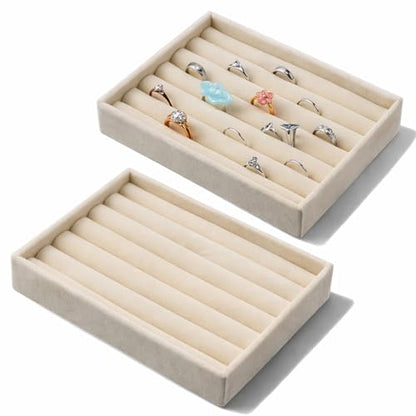 Ring Display Holder, 2 Pcs Small Jewelry Tray Velvet Ring Organizer Stackable Jewelry Organizer Trays Jewelry Drawer Organizers Inserts for Selling Rings Earrings (Beige)