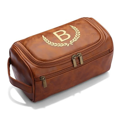 OXYEFEI Personalized Toiletry Bag for Men,Personalized Gifts for Men,Engraved Initial PU Leather Mens Toiletry Travel Shaving Travel Essentials Toiletries Bag for Him Birthday (B, Light Brown) - color: Light Brown, style: B