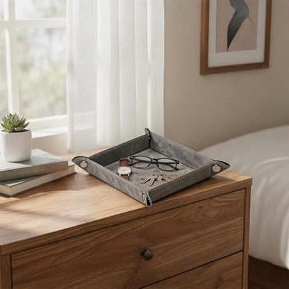 Valet Tray Desktop Storage Organizer – Vegan Leather Catchall Bedside Vanity Tray Nightstand Caddy Holder for Remote Controller, Watch, Keys, Phone, Wallet, Coin, Jewelry, Stone Gray - color: Stone Gray