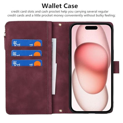 iCoverCase Compatible with iPhone 15 Crossbody Case with Strap, Wallet Phone Case Card Holder [Not Detachable] PU Leather Kickstand Zipper Lanyard Case 6.1" (Claret) - color: Claret, size: for 15 6.1 inch