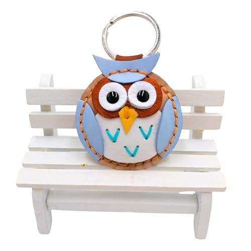Genuine Leather Keychain, Animal Keyring, Bag Purse Charm Pendant Gifts Handmade, Cute Key Holder, Pets Lover Accessories - color: Owl Light Blue - Nude