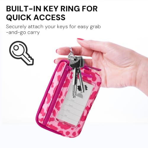 Small Wristlet Wallets for Women with Clear ID Window, Keychain Coin Purse | Organized Interior with 3 Card Slots, Inner Mesh Pouch, Lipstick Holder, Metal Key Ring and Detachable Wrist Strap - color: Hot Pink Leopard