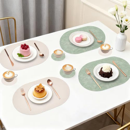 Faux Leather Placemats Set of 4 with Matching Coasters, Heat Resistant PU Oval Placemats, Waterproof Wipeable Washable Place Mats, Non-Slip Table Placemats for Dining Table Kitchen Patio - color: Green-white, size: Set of 4