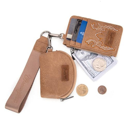Wrangler Keychain Wristlet Wallets for Women Western Dual Pouch Wristlet Credit Card Holder Wallet - color: B-khaki