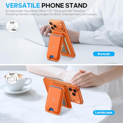 SHIELDON Genuine Leather for MagSafe Wallet Stand, 6 Card Holders, Orange - color: Orange