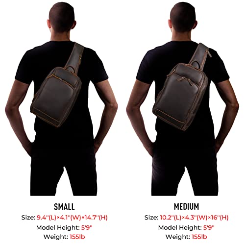 Polare Modern Style Sling Shoulder Bag Men’s Travel/Hiking Daypack with Full Grain Italian Leather and YKK Zippers - color: Small-dark Brown
