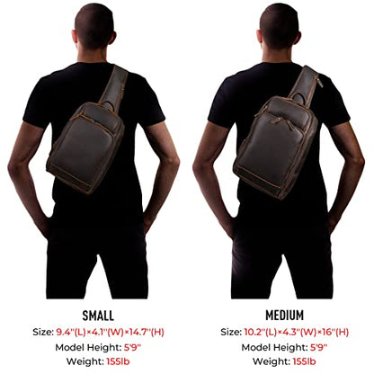 Polare Modern Style Sling Shoulder Bag Men’s Travel/Hiking Daypack with Full Grain Italian Leather and YKK Zippers - color: Small-dark Brown