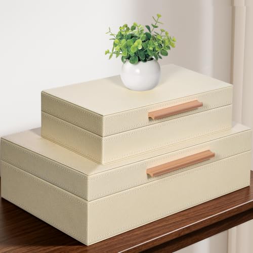 Decorative Box, Decorative Boxes with Lids 2-Set, Memory Box for Keepsakes | Beautiful PU Leather Decorative Storage Boxes in Style, Decor Box with Rose Metal Handle, Store Photos, Documents Beige - color: Beige