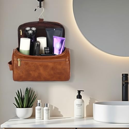 OXYEFEI Personalized Toiletry Bag for Men,Personalized Gifts for Men,Engraved Initial PU Leather Mens Toiletry Travel Shaving Travel Essentials Toiletries Bag for Him Birthday (B, Light Brown) - color: Light Brown, style: B