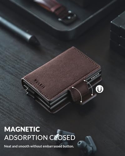 VULKIT Credit Card Holder RFID Blocking Leather Automatic Pop Up Wallet Magnetic Wallet Double Card Case for Men and Women - color: Alcantara Brown