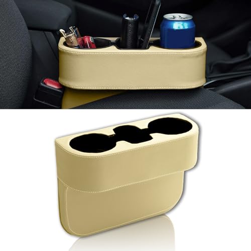 Car Cup Holder, PU Leather Auto Front Seat Organizer, Multifunctional Cup Drink Holders, Gap Filler Storage Box Coin Bucket Console Side Pocket Cell Mobile Phone Holder (Beige) - color: Beige