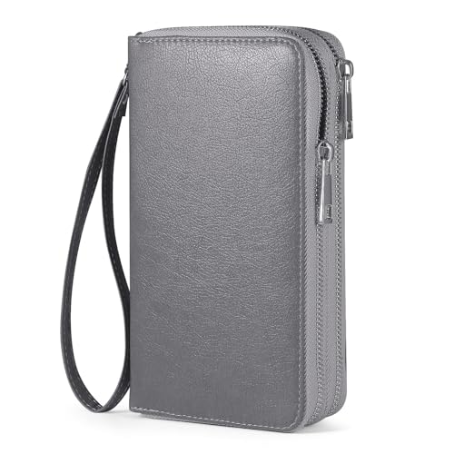 RFID Blocking Cellphone Wristlet Bag for Women Dual Zipper Travel Purse Large Capacity 17 Card Holder Ladies Phone Clutch with Removable Strap, Grey - color: Grey