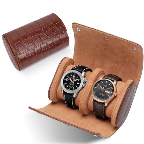 PU Leather Watch Roll Case Organizer-Secure Storage with Removable Pillows & Solid Dividers, Portable Men's Watch Display Case for Home, Travel, and Anniversary Birthday (Brown-2 Slot) - size: Brown-2 Slot