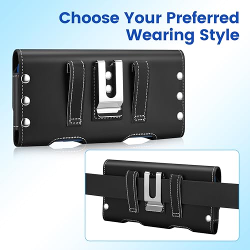 Gcepls Universal Cowhide Leather Phone Holster with Belt Clip Compatible with iPhone 17 Pro 17, 16 Pro 16,15 14 13 Pro,Samsung Galaxy S25 S24 S23 S22 S21 S20 (Black-Medium,Fits Thin Case on) - color: Black, size: Medium (6.3x3.35x0.7”)