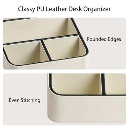 PU Leather Remote Control Holder, Nightstand Organizer with 4 Compartments | Luxury Desk Caddy with Velvet Lining, Small Desk Organizer for Living Room, Bedroom, Bedside, End Table, 6.8" x 6.7" x 4" - color: Cream