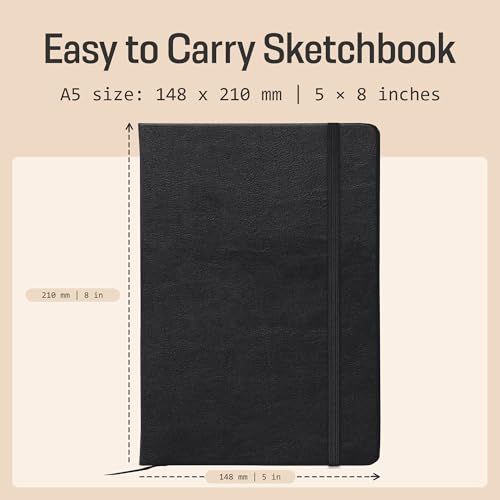 BROWNSTONE JOURNALS A5 Sketch Book Hardcover - 80 Sheets 100 GSM Paper | 5" x 8", Lay Flat, Vegan Leather Cover, Elastic Band, Back Pocket, Compact Art Drawing Book for Adults & Students - color: Charcoal Black, size: A5 (5" x 8")