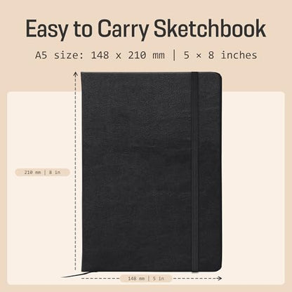 BROWNSTONE JOURNALS A5 Sketch Book Hardcover - 80 Sheets 100 GSM Paper | 5" x 8", Lay Flat, Vegan Leather Cover, Elastic Band, Back Pocket, Compact Art Drawing Book for Adults & Students - color: Charcoal Black, size: A5 (5" x 8")