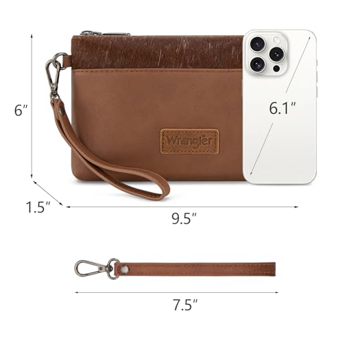 Wrangler Wristlet Wallet for Women Large Clutch Purses Credit Card Holder Phone Organizer with Detachable Wrist Strap - color: Cowhide-brown