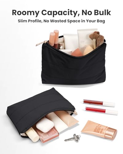 Wandering Nature Small Makeup Bag 2 Pack Cosmetic Bag for Purse, Puffer Quilted Makeup Pouch, Cute Travel Pouch with Zipper for Women, Black - color: Black-Puffer