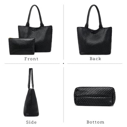 Woven Tote Bag for women,Vegan Leather Woven Satchel Handbag,Shoulder bag with Pouch,Hobo bag fits13-14” laptops - color: Black