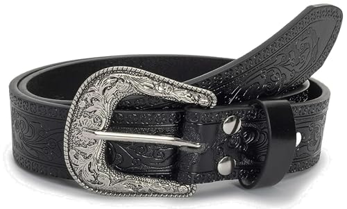 YCMI Womens Men Western Cowboy Belts Floral Engraved Engraved Buckle Adjustable Belt for Jeans Dress Skirt - color: Black