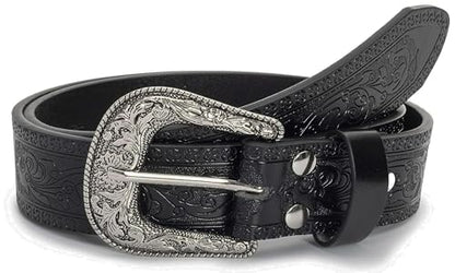 YCMI Womens Men Western Cowboy Belts Floral Engraved Engraved Buckle Adjustable Belt for Jeans Dress Skirt - color: Black