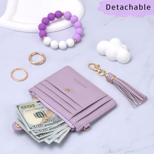 BAOSIWA Silicone Bracelet Keychain Wallet for Women Wristlet Card Holder Slim RFID Wallet with Zipper Pocket - color: Purple